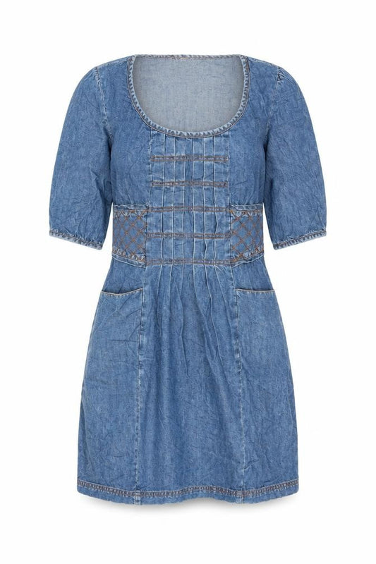 Front view of Ecote women’s blue cotton mini, size UK 4, scoop neck zip