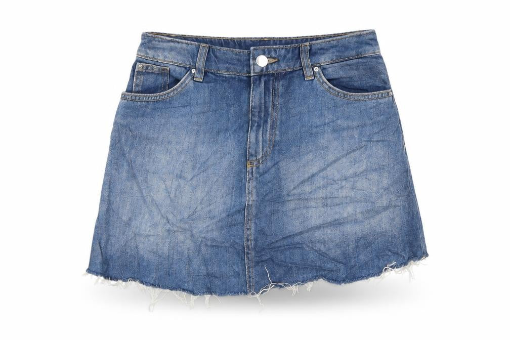 Front view of H&M women’s blue cotton mini skirt, size UK 8, zip