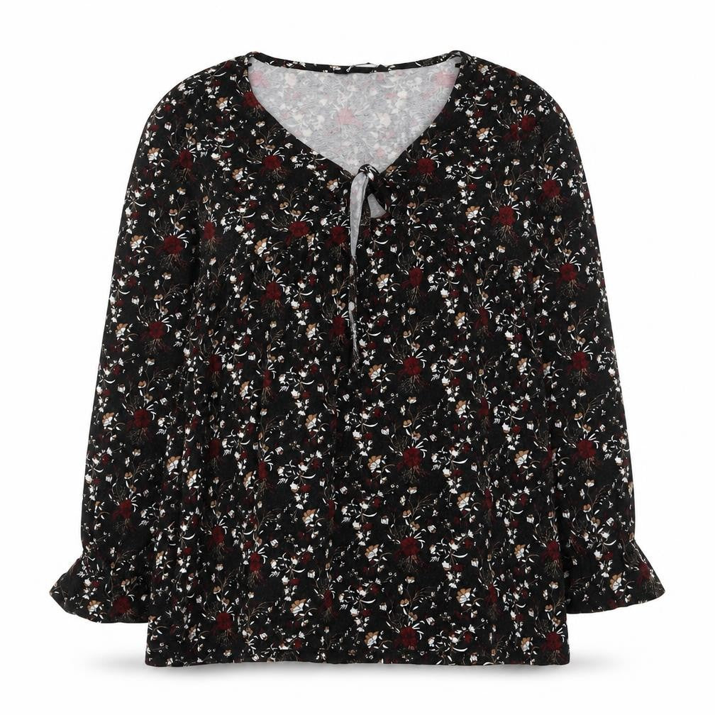 Front view of Pep&Co women’s black floral viscose basic blouse, size UK 8, v-neck - knot front