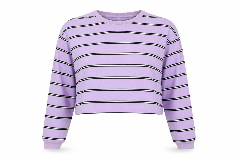 Front view of ASOS women’s purple striped polyester pullover sweatshirt, size UK 12, pullover