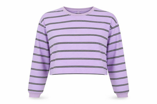 Front view of ASOS women’s purple striped polyester pullover sweatshirt, size UK 12, pullover