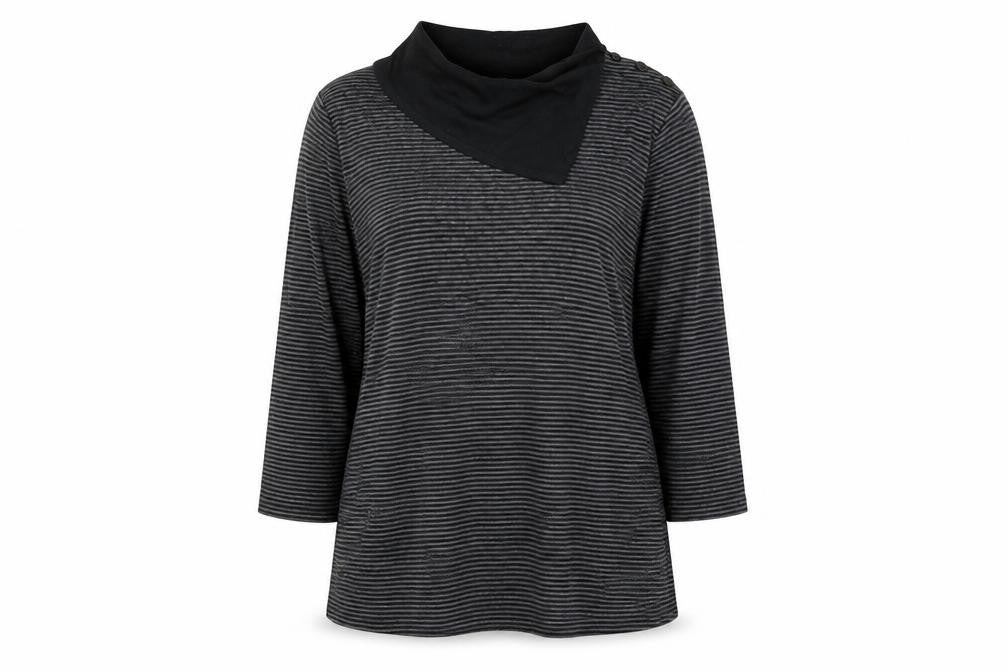 Front view of Marks & Spencer women’s grey striped cotton basic blouse, size UK 12, roll neck