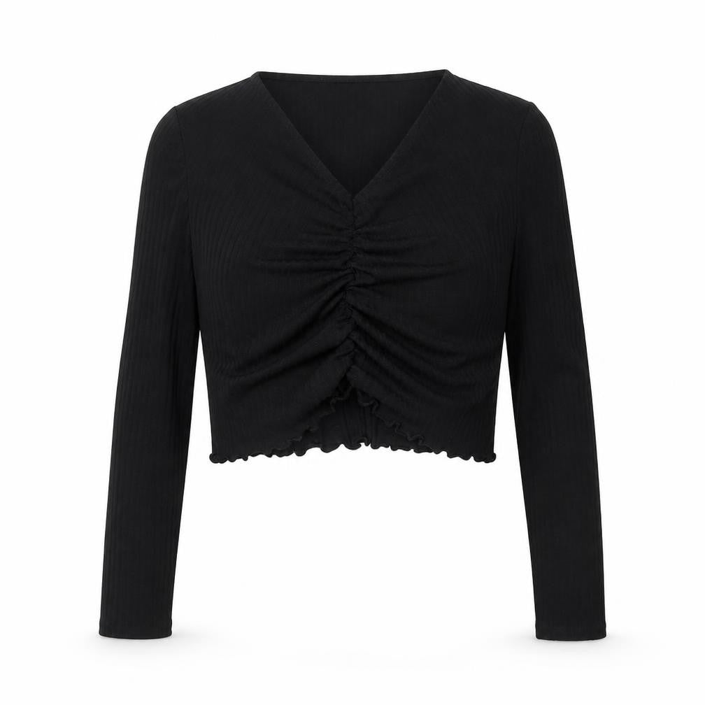 Front view of New Look girls’ black polyester cropped blouse, size 14-15, years v-neck pullover - ruched