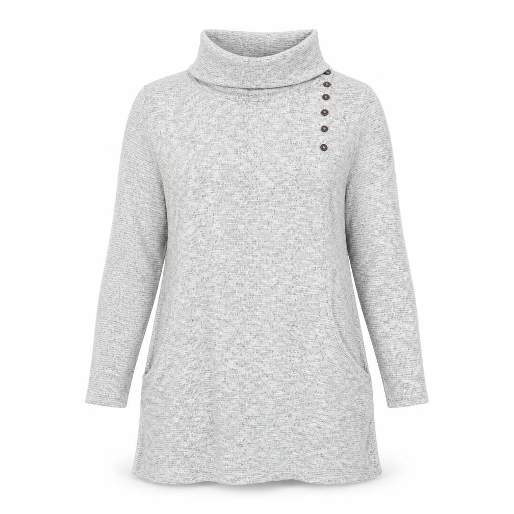 Front view of IQ women’s grey roll neck viscose jumper, size L