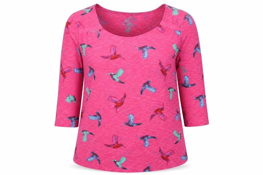 Front view of Marks & Spencer women’s pink geometric polyester basic blouse, size UK 8, round neck - bird