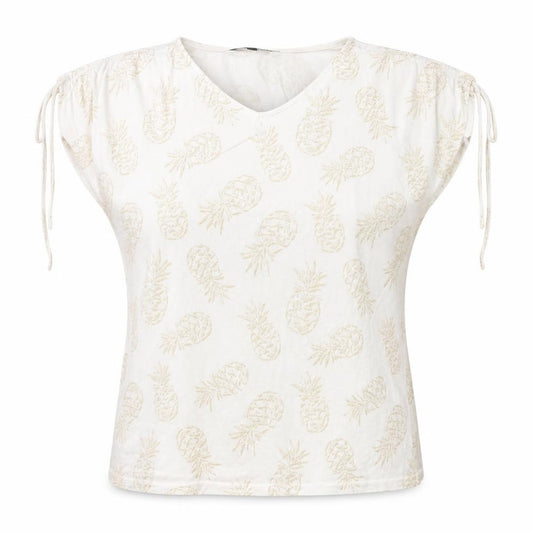 Front view of Bonmarché women’s white geometric polyester basic t-shirt, size UK 14, v-neck - pineapple