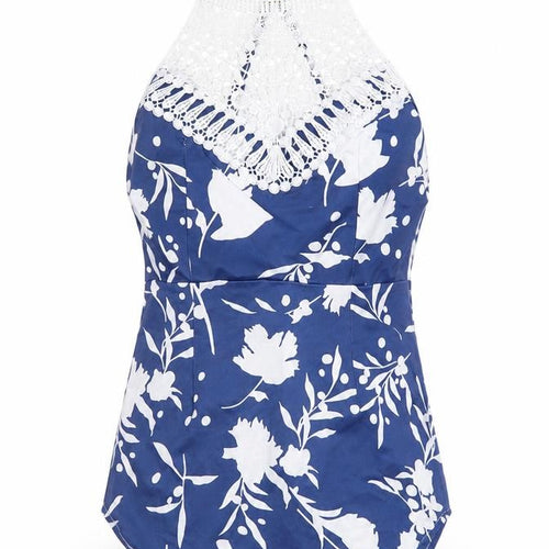 Preworn Womens Blue Floral Polyester Basic T-Shirt Size M Crew Neck - Crochet Neckline
