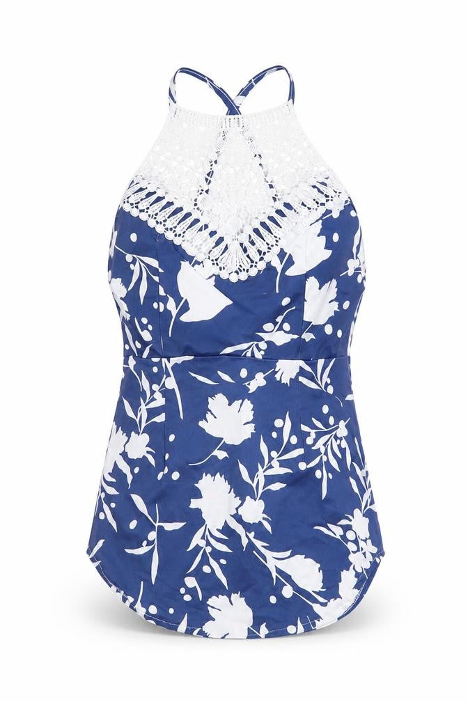 Preworn Womens Blue Floral Polyester Basic T-Shirt Size M Crew Neck - Crochet Neckline