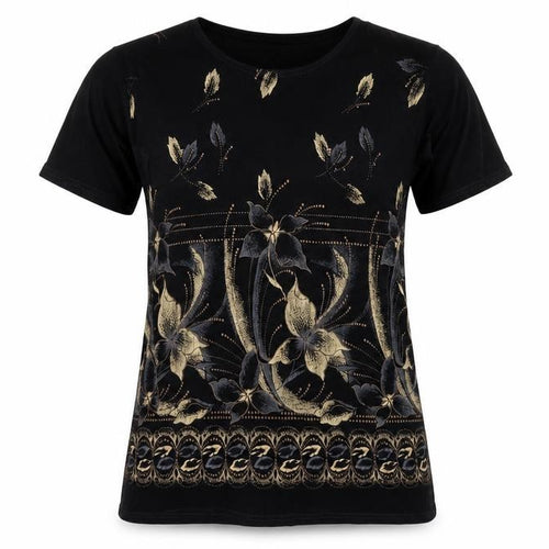 Body Collection Womens Black Floral Acetate Basic T-Shirt Size M Round Neck