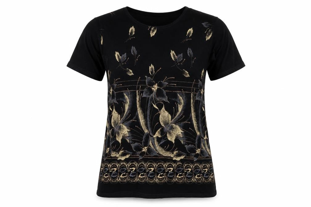 Body Collection Womens Black Floral Acetate Basic T-Shirt Size M Round Neck