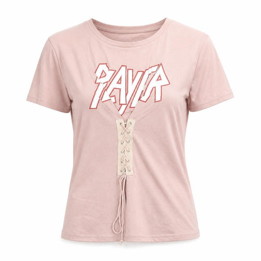 Front view of Eight women’s pink cotton basic t-shirt, size S, round neck - lace up detail