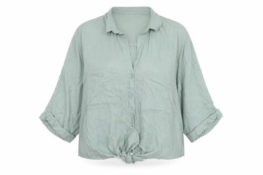 Front view of H&M women’s green viscose basic button-up, size XL, collared