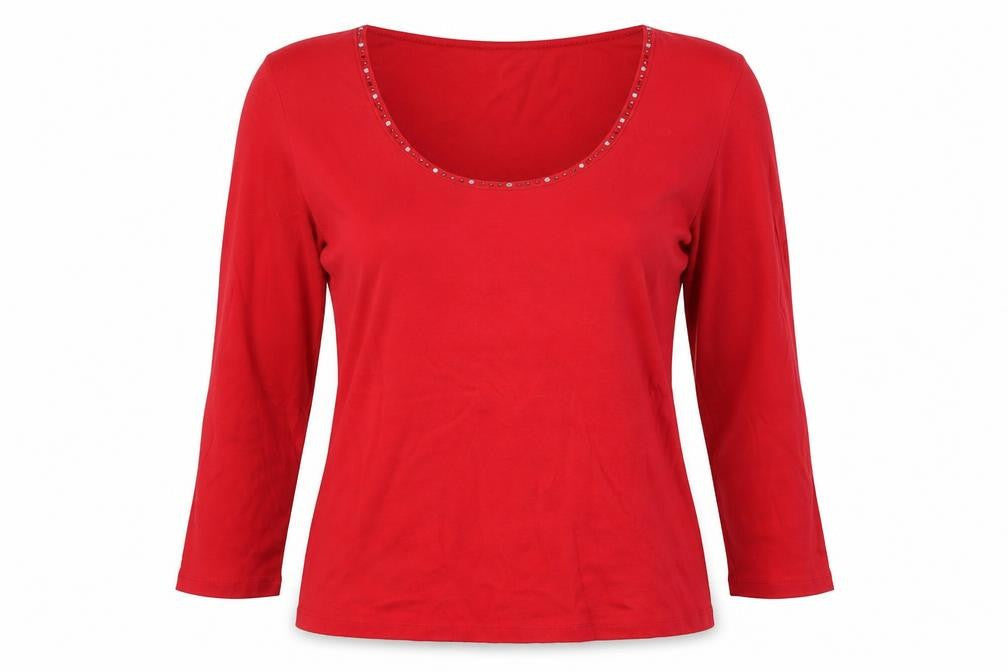 Front view of Marks & Spencer women’s red cotton basic blouse, size UK 12, scoop neck