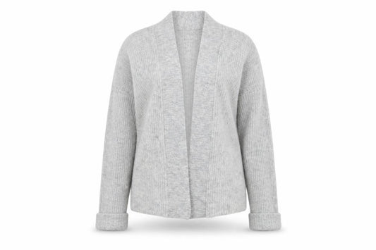 Front view of M&Co women’s grey v-neck acrylic cardigan jumper, size UK 10