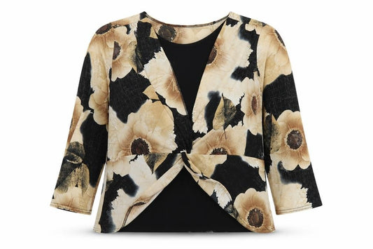 Front view of Preworn women’s multicoloured floral polyester basic blouse, size XL, round neck