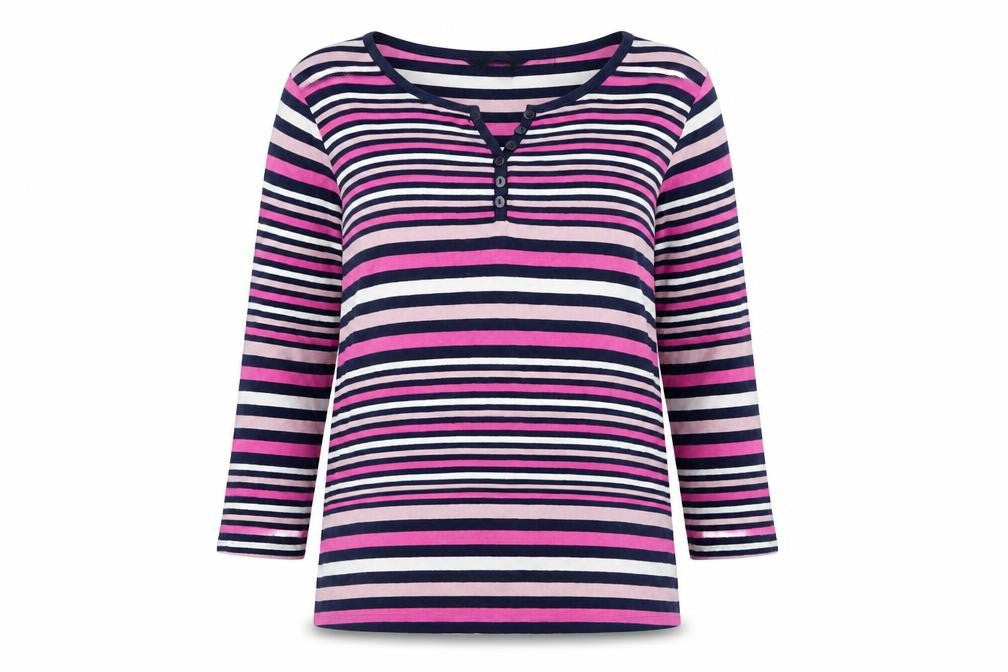 Front view of Isle women’s multicoloured striped cotton basic t-shirt, size S, round neck