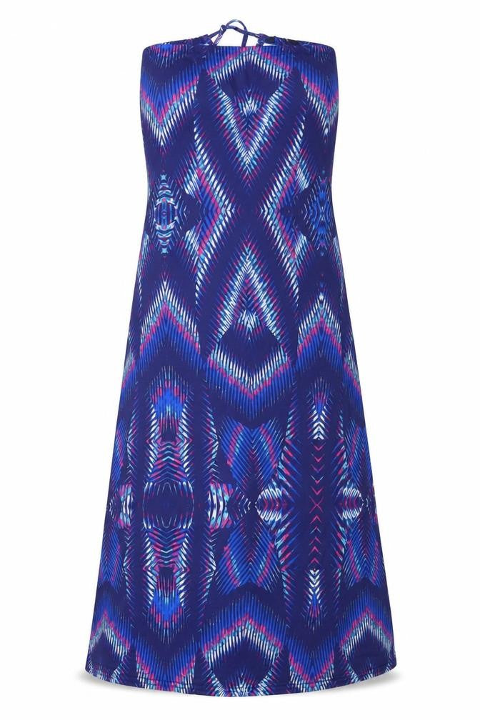 Front view of Kaleidoscope women’s multicoloured geometric polyester a-line, size UK 14, square neck drawstring