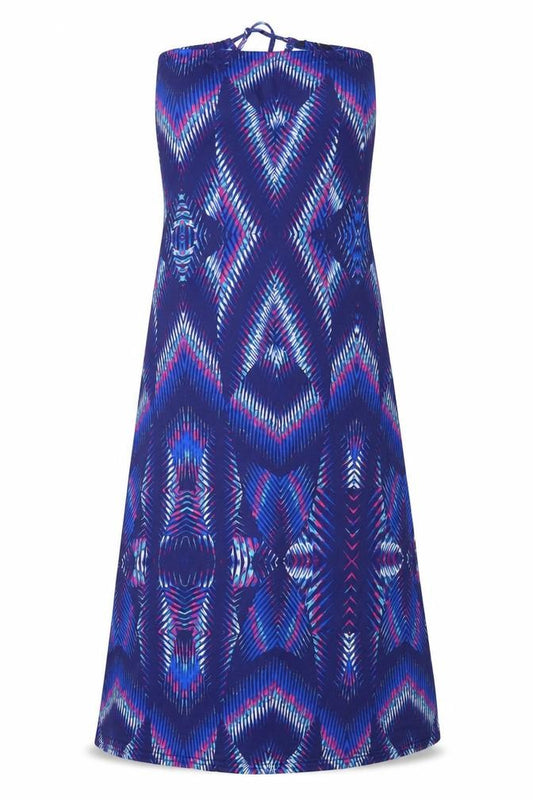Front view of Kaleidoscope women’s multicoloured geometric polyester a-line, size UK 14, square neck drawstring