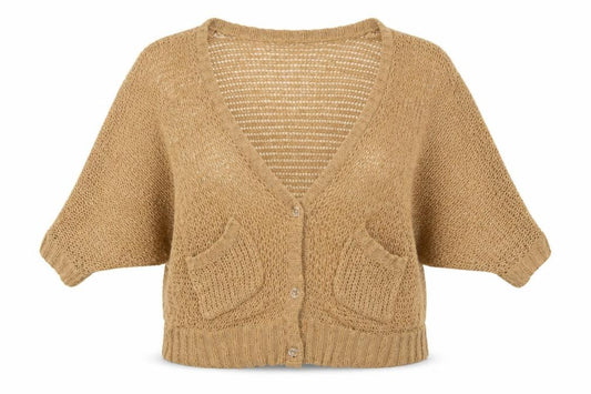 Front view of Primark women’s beige scoop neck acrylic cardigan jumper, size UK 14