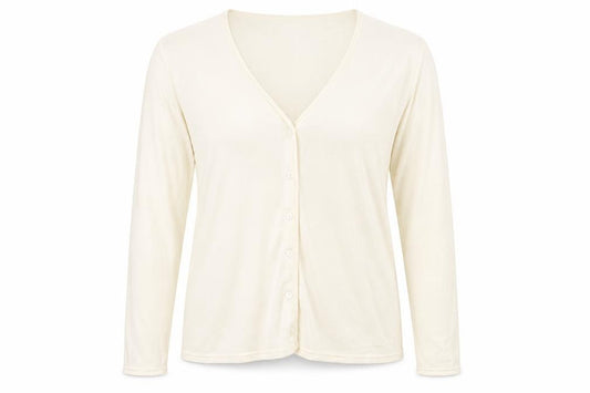 Front view of Crazy Horse women’s ivory round neck cotton cardigan jumper, size L