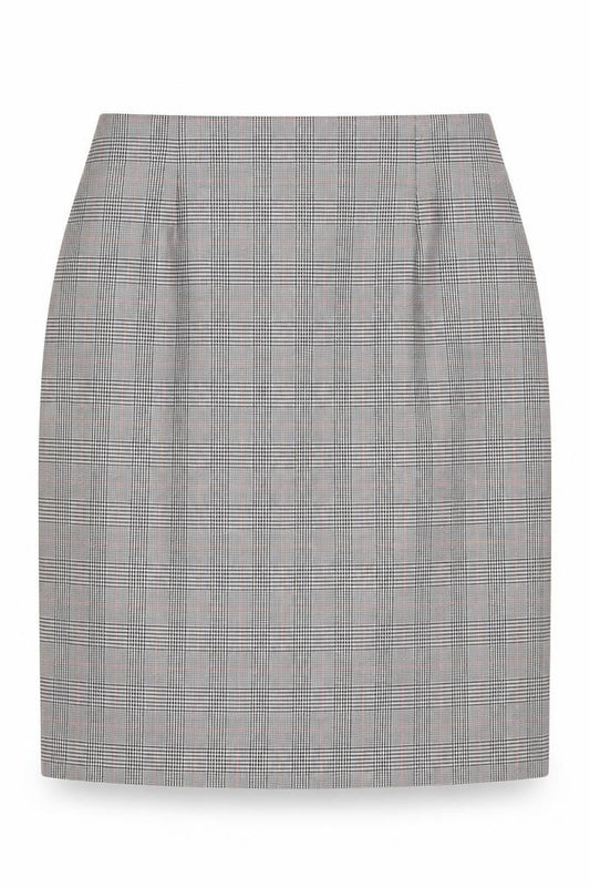 Front view of Essence women’s multicoloured check polyester a-line skirt, size UK 26, zip
