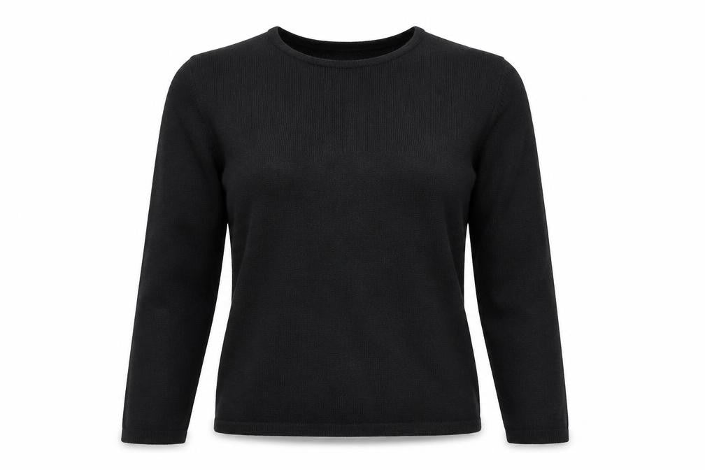 Front view of Cashmasoft women’s black round neck acrylic jumper, size S