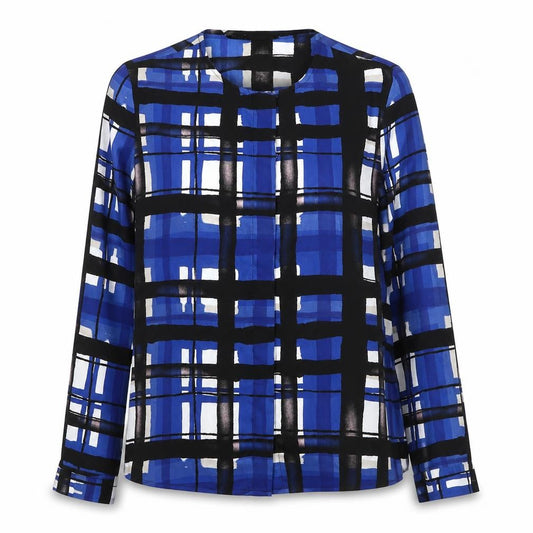Front view of Eva Longoria women’s blue geometric polyester basic blouse, size XS, collared