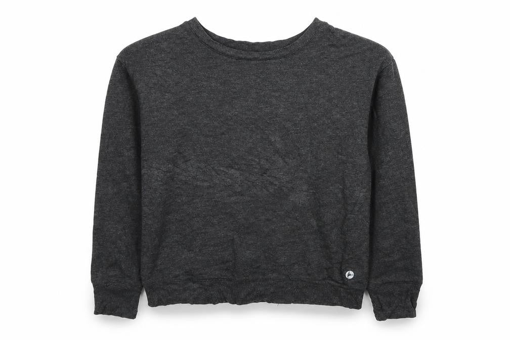Front view of 90 Degree girls’ grey rayon pullover sweatshirt, size 7-8, years pullover - tie detail back