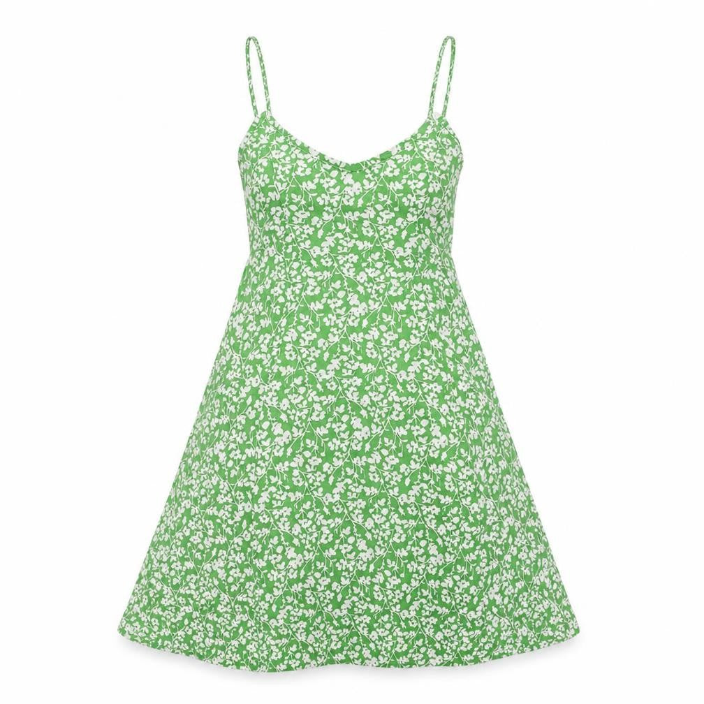 Front view of PRETTYLITTLETHING women’s green floral polyester tank dress, size UK 6, round neck pullover