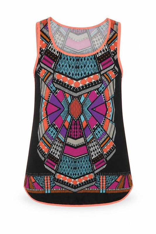 Front view of Dotti women’s multicoloured geometric polyester basic tank, size UK 10, scoop neck