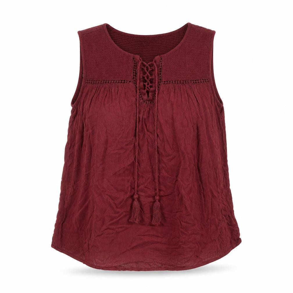 Front view of New Look women’s red viscose basic blouse, size UK 10, v-neck - lace-up
