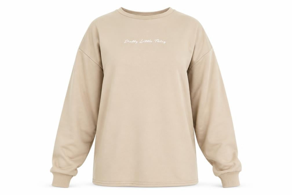 Front view of PRETTYLITTLETHING women’s beige polyester pullover sweatshirt, size UK 4, pullover - pretty little thing