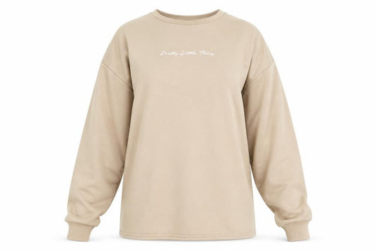 Front view of PRETTYLITTLETHING women’s beige polyester pullover sweatshirt, size UK 4, pullover - pretty little thing