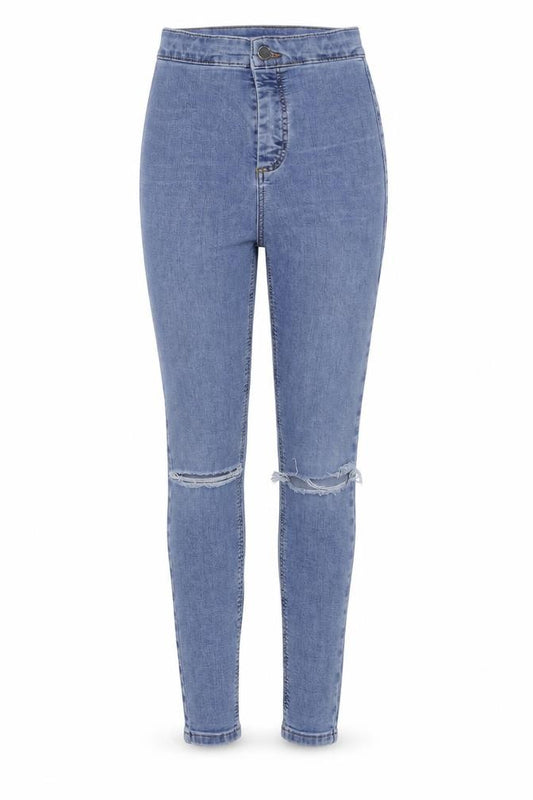 Front view of Topshop women’s blue cotton skinny jeans, size UK 24, in, 32-inch leg regular button