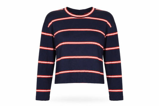 Front view of Topshop women’s multicoloured striped polyester cropped t-shirt, size UK 6, round neck