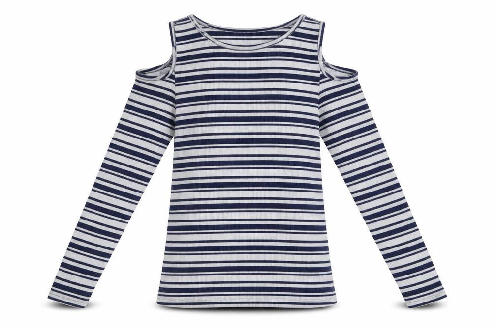 Front view of Candy Couture girls’ blue striped polyester basic casual, years round neck pullover - cut-our shoulders