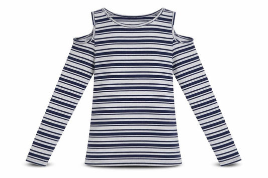 Front view of Candy Couture girls’ blue striped polyester basic casual, years round neck pullover - cut-our shoulders