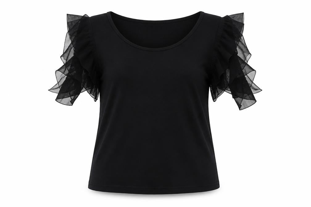 Front view of Marks & Spencer women’s black polyester basic t-shirt, size UK 12, round neck
