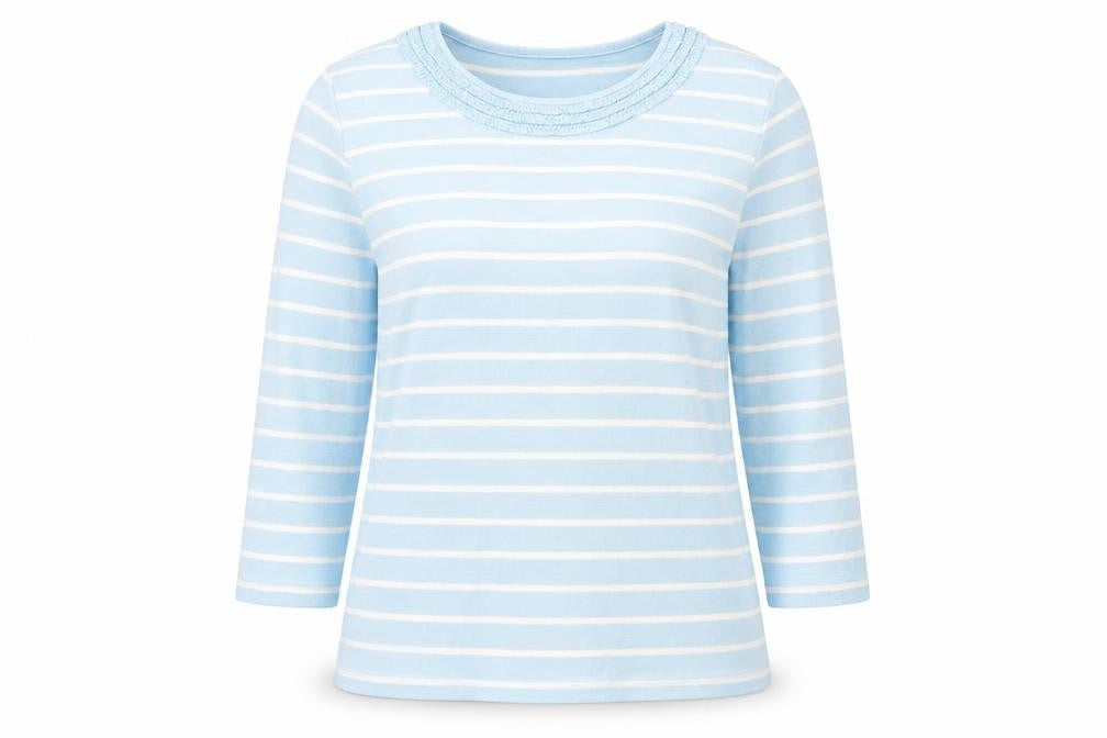 Front view of First Avenue women’s blue striped polyester basic t-shirt, size M, round neck