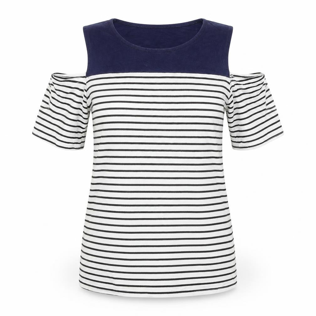 Dorothy Perkins Womens White Striped Viscose Basic T-Shirt Size 8 Mock Neck - Cold Shoulder