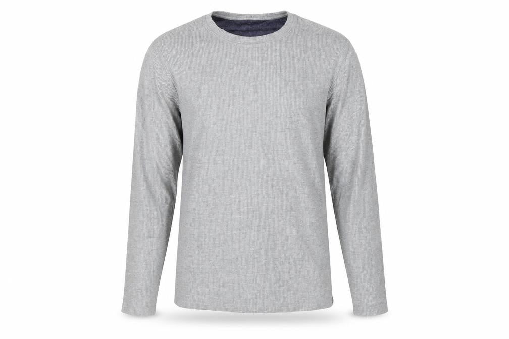 Front view of Eddie Bauer men’s grey round neck polyester jumper, size M