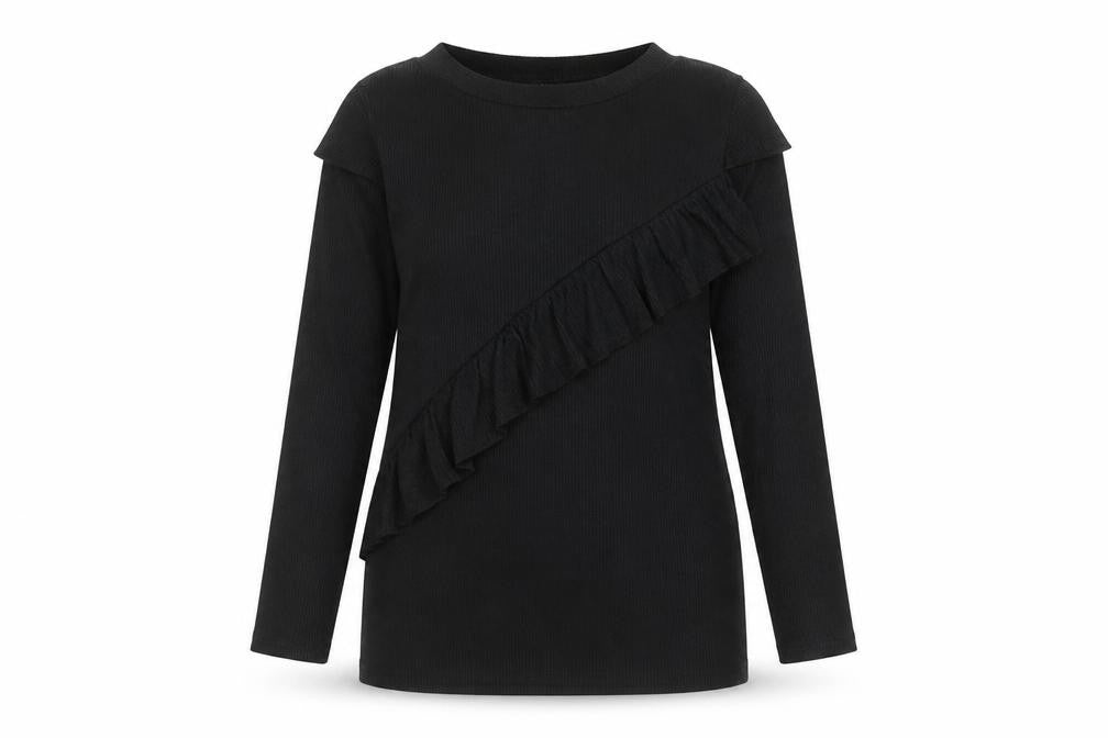 Front view of Boohoo women’s black crew neck polyester jumper, size UK 10