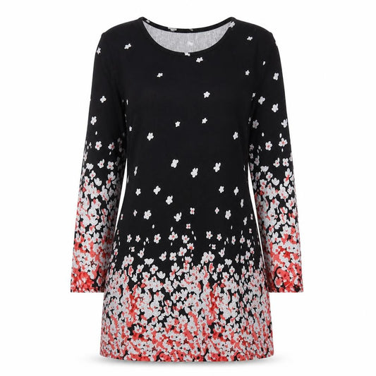 Front view of Purplish women’s black floral polyester a-line, size S, crew neck pullover
