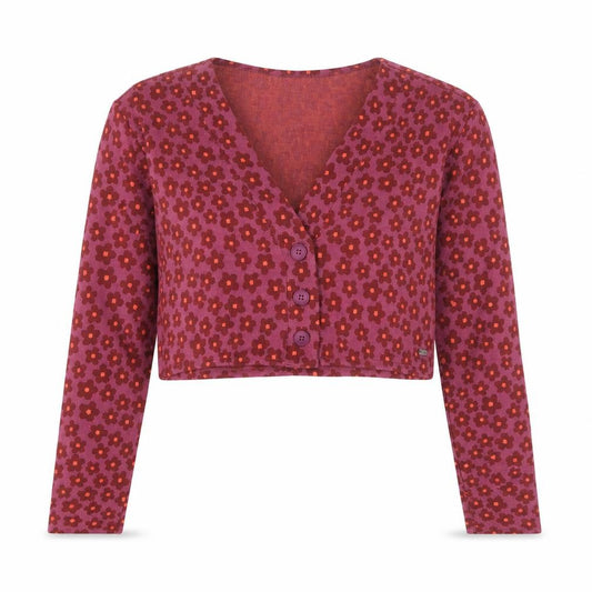 Front view of Pacific Republic women’s purple v-neck floral acrylic cardigan jumper, size XS