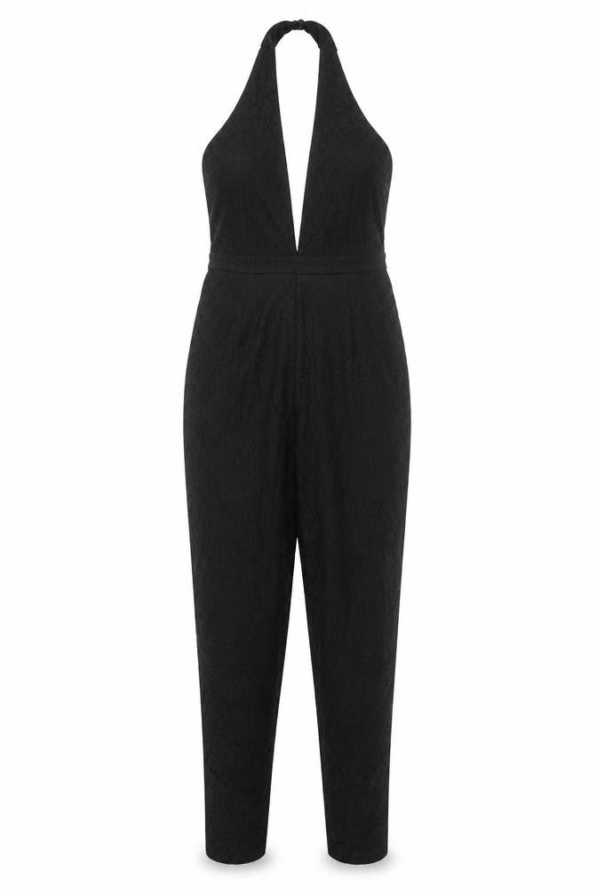 Front view of Missguided women’s black polyester jumpsuit one-piece, size UK 6, button