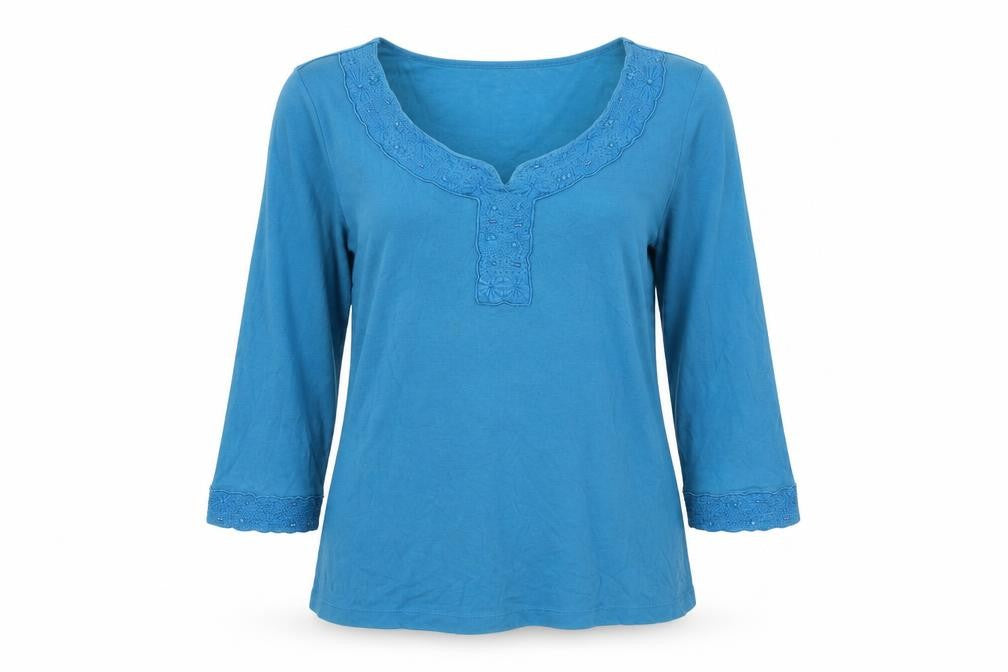 Front view of Per Una women’s blue cotton basic blouse, size UK 10, scoop neck