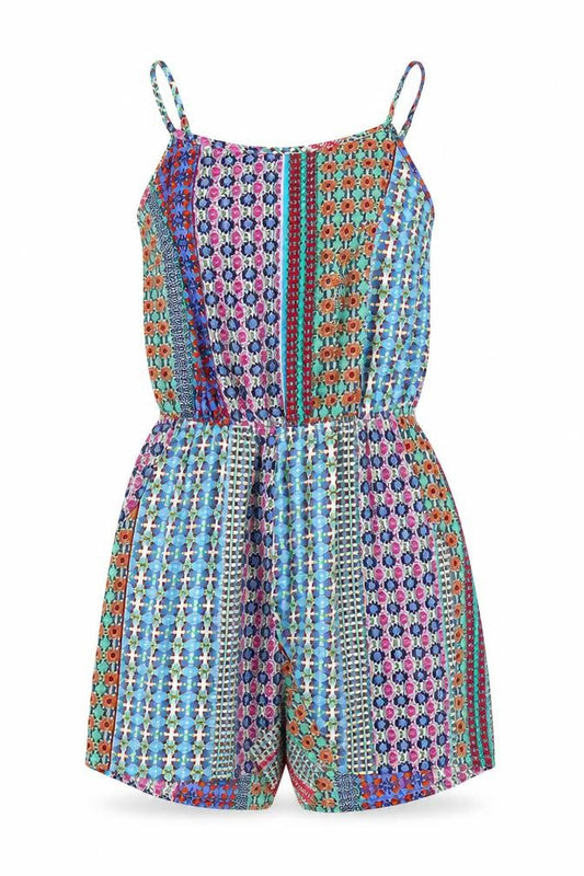 Front view of Atmosphere women’s multicoloured geometric polyester playsuit one-piece, size UK 6, pullover
