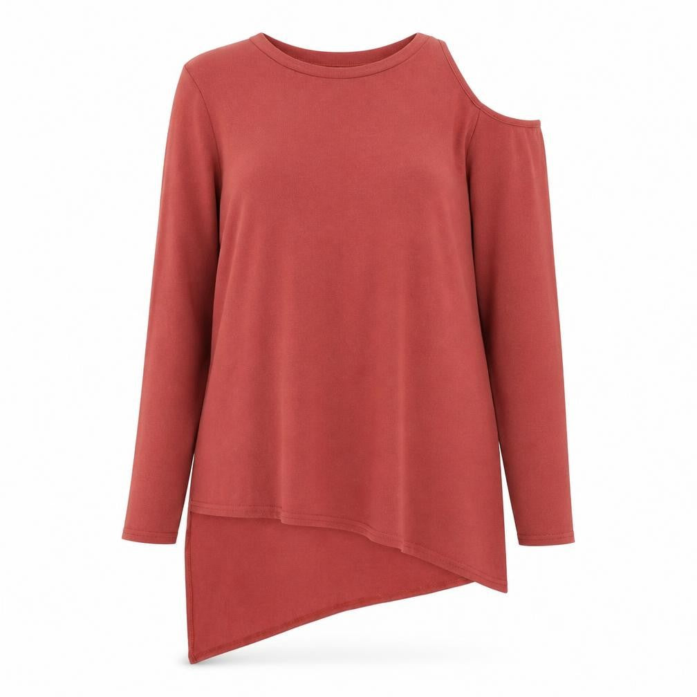 Front view of River Island women’s red round neck polyester jumper, size UK 10, - cold shoulder asymmetric