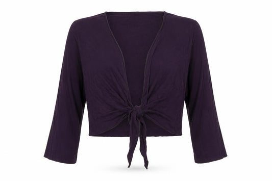 Front view of Marks & Spencer women’s purple v-neck viscose cardigan jumper, size UK 14, - knot front