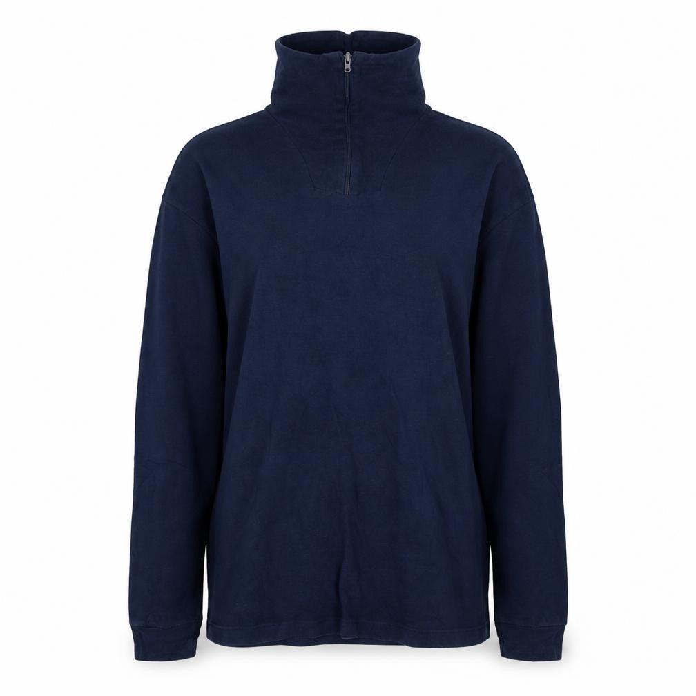 Front view of BHS women’s blue cotton pullover sweatshirt, size M, zip